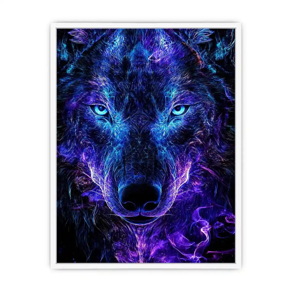 Glowing frontal wolf portrait with electric neon energy neon canvas art for modern luxury wall decor