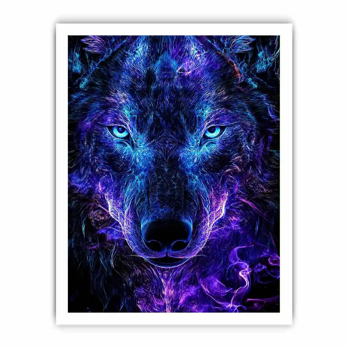 Glowing frontal wolf portrait with electric neon energy neon canvas art for modern luxury wall decor