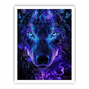 Glowing frontal wolf portrait with electric neon energy neon canvas art for modern luxury wall decor