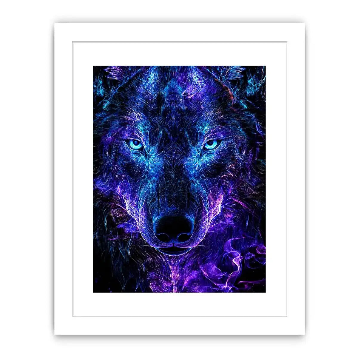 Glowing frontal wolf portrait with electric neon energy neon canvas art for modern luxury wall decor