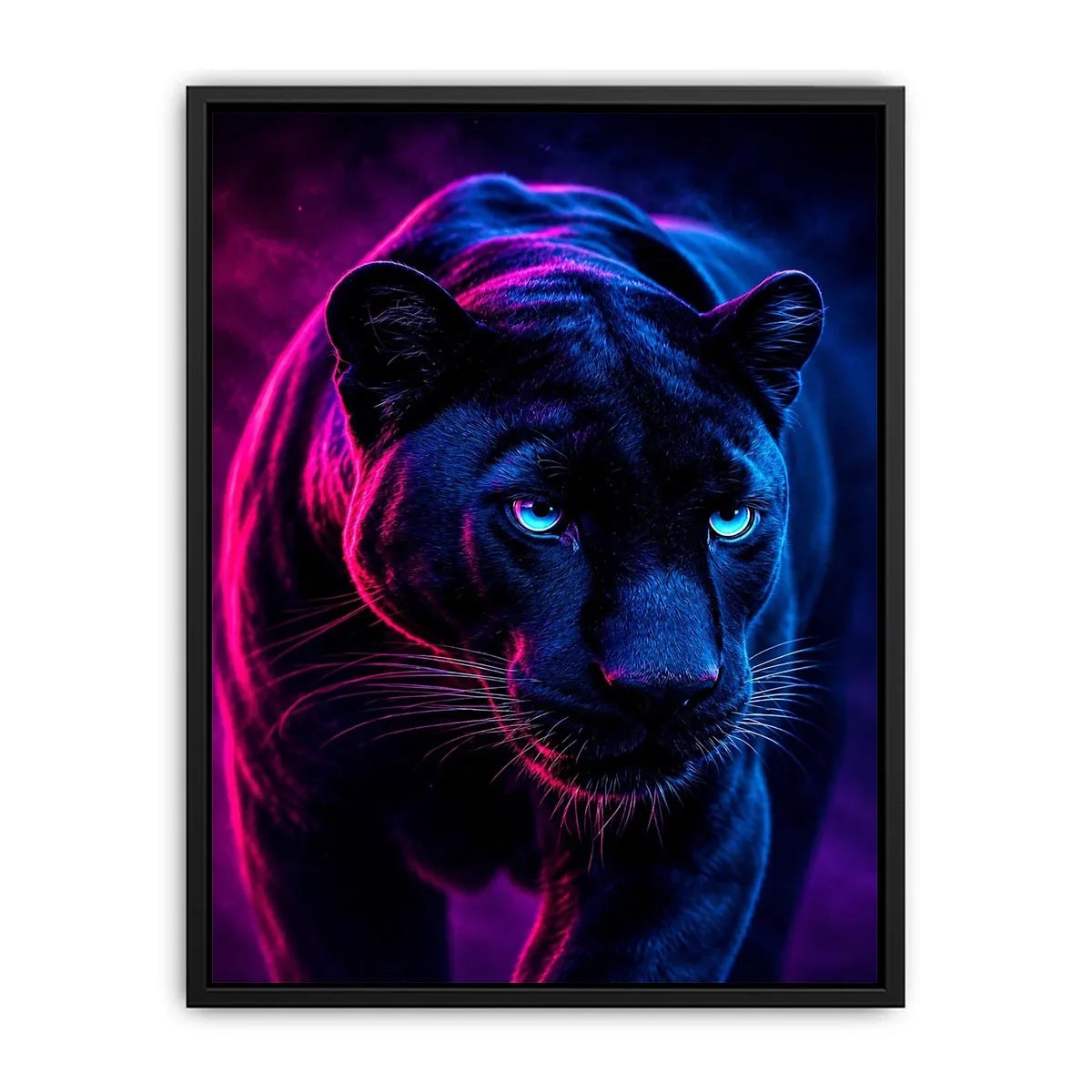 Black panther with neon pink and blue cinematic lighting neon canvas art for modern luxury wall decor