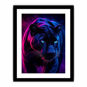 Black panther with neon pink and blue cinematic lighting neon canvas art for modern luxury wall decor