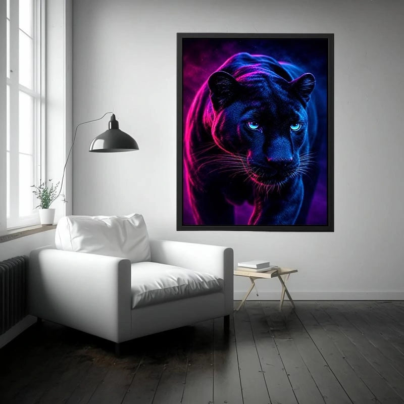 Black panther with neon pink and blue cinematic lighting neon canvas art for modern luxury wall decor