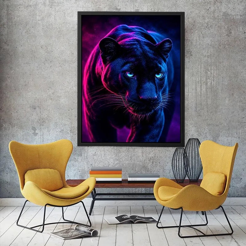 Black panther with neon pink and blue cinematic lighting neon canvas art for modern luxury wall decor