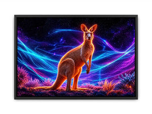 Cosmic kangaroo beneath vibrant neon waves neon canvas art for modern luxury wall decor