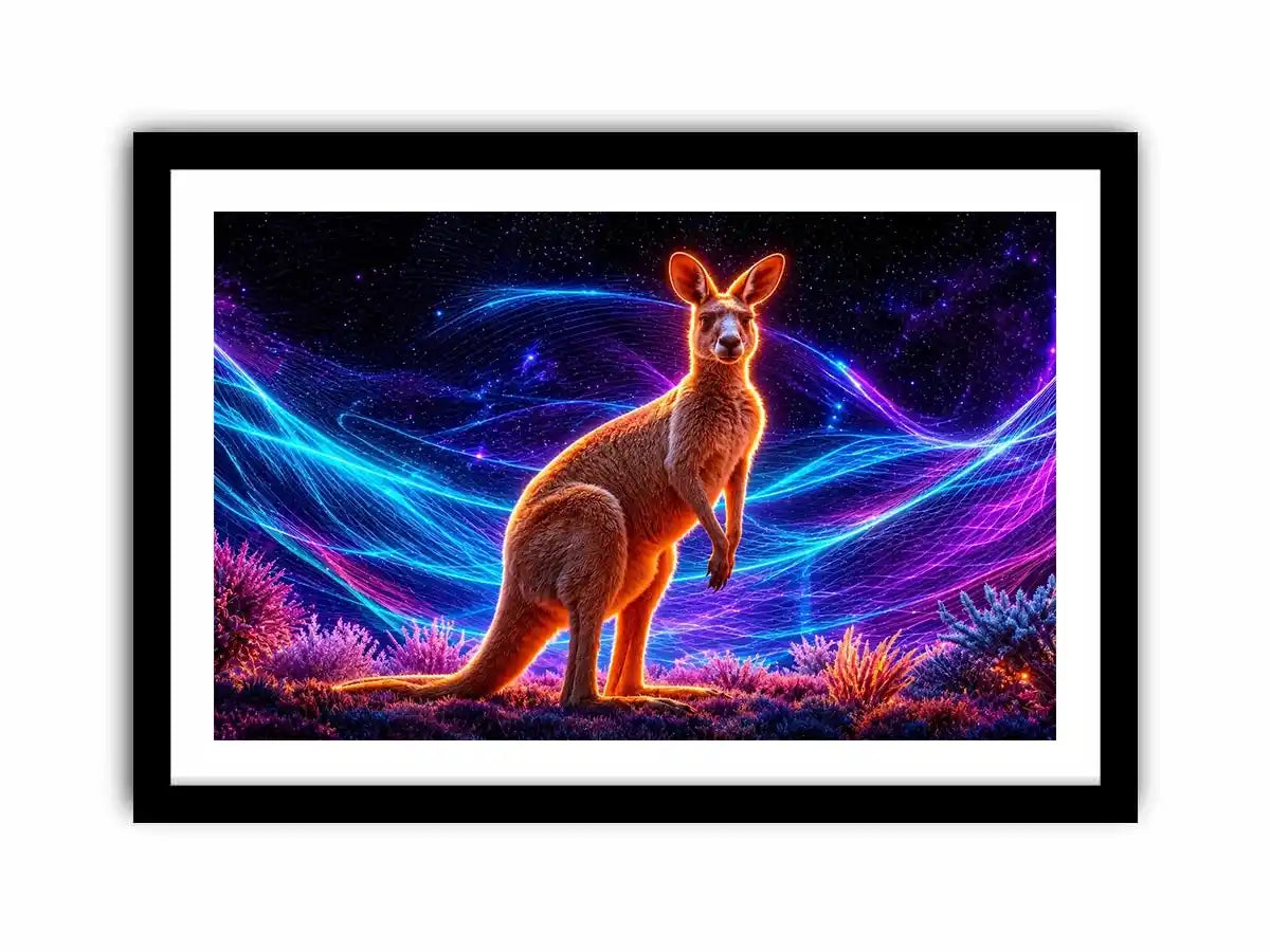Cosmic kangaroo beneath vibrant neon waves neon canvas art for modern luxury wall decor