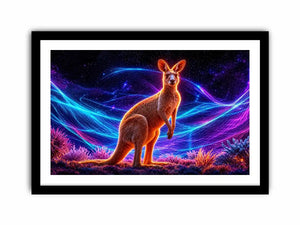 Cosmic kangaroo beneath vibrant neon waves neon canvas art for modern luxury wall decor