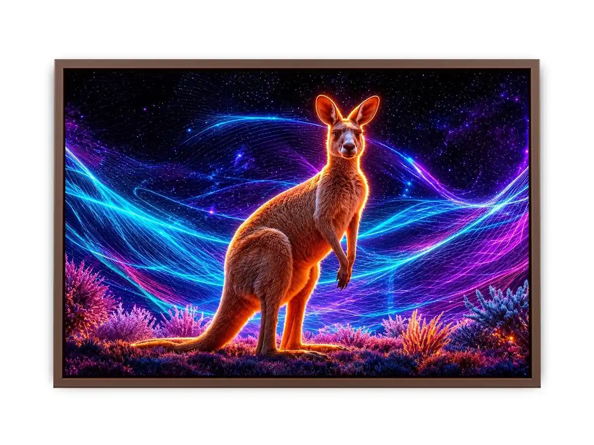Cosmic kangaroo beneath vibrant neon waves neon canvas art for modern luxury wall decor