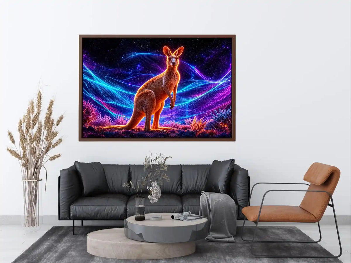 Cosmic kangaroo beneath vibrant neon waves neon canvas art for modern luxury wall decor