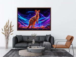 Cosmic kangaroo beneath vibrant neon waves neon canvas art for modern luxury wall decor