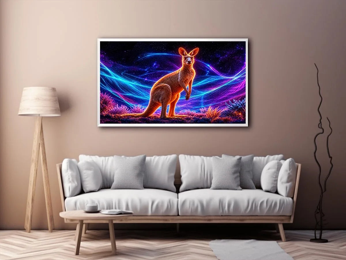 Cosmic kangaroo beneath vibrant neon waves neon canvas art for modern luxury wall decor