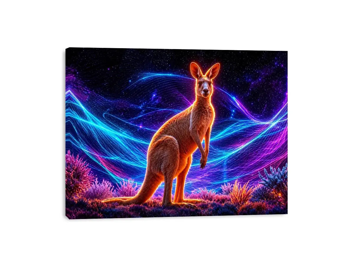 Cosmic kangaroo beneath vibrant neon waves neon canvas art for modern luxury wall decor