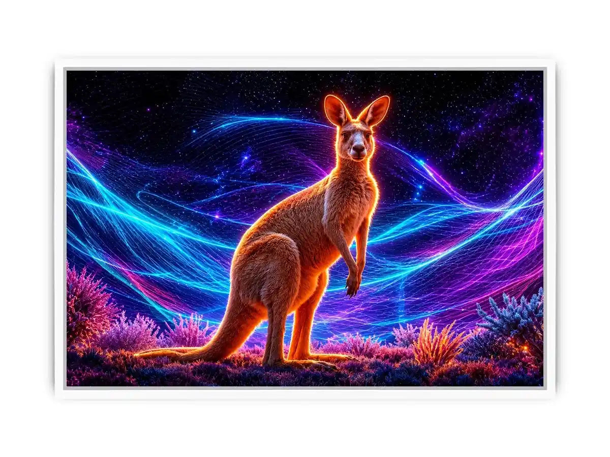 Cosmic kangaroo beneath vibrant neon waves neon canvas art for modern luxury wall decor