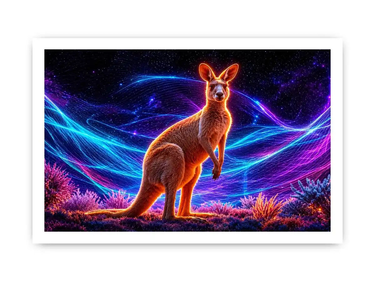 Cosmic kangaroo beneath vibrant neon waves neon canvas art for modern luxury wall decor
