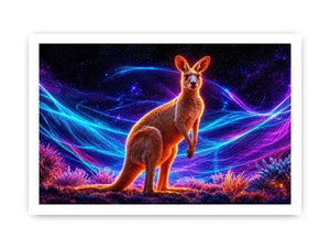 Cosmic kangaroo beneath vibrant neon waves neon canvas art for modern luxury wall decor