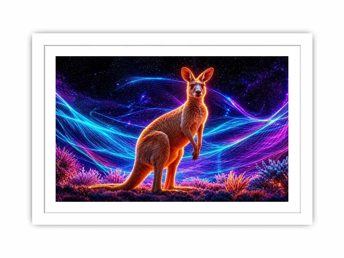 Cosmic kangaroo beneath vibrant neon waves neon canvas art for modern luxury wall decor