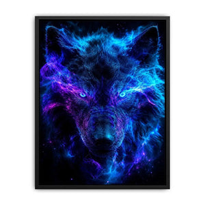 Mystic wolf emerging through blue and purple smoke neon canvas art for modern luxury wall decor