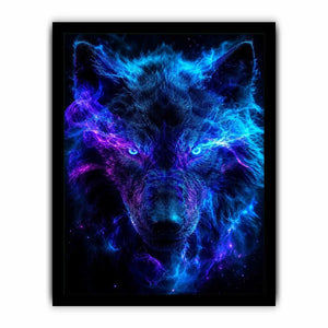 Mystic wolf emerging through blue and purple smoke neon canvas art for modern luxury wall decor