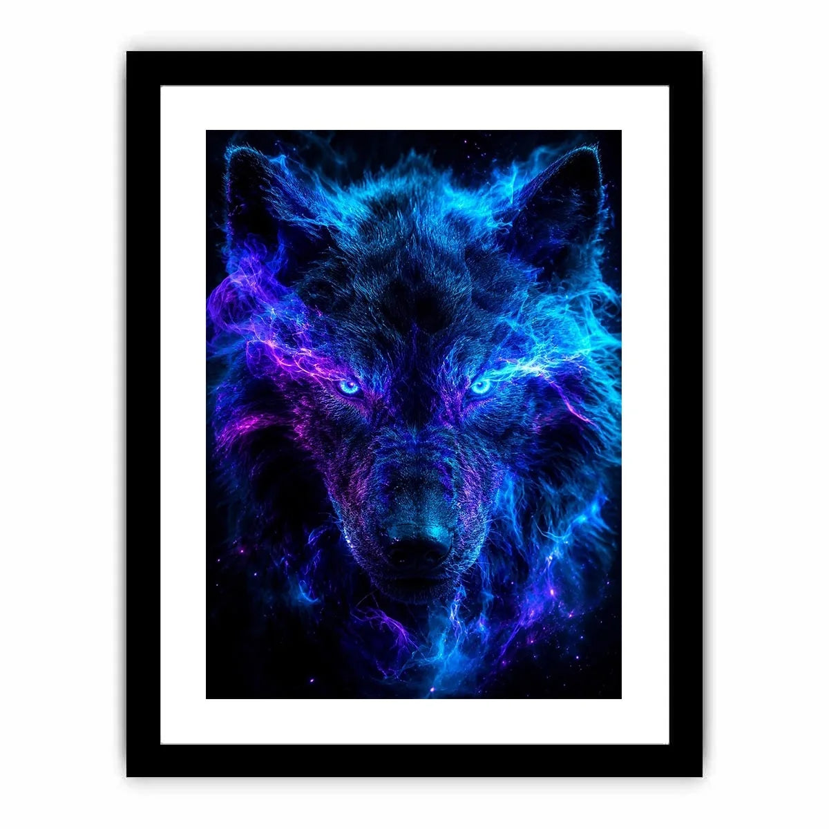Mystic wolf emerging through blue and purple smoke neon canvas art for modern luxury wall decor