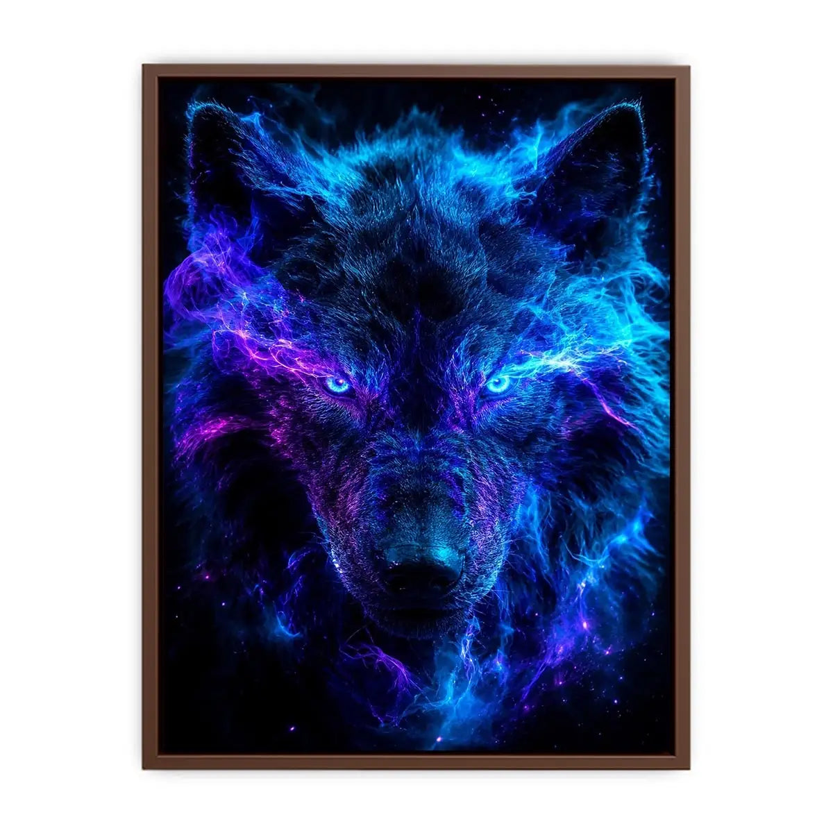 Mystic wolf emerging through blue and purple smoke neon canvas art for modern luxury wall decor