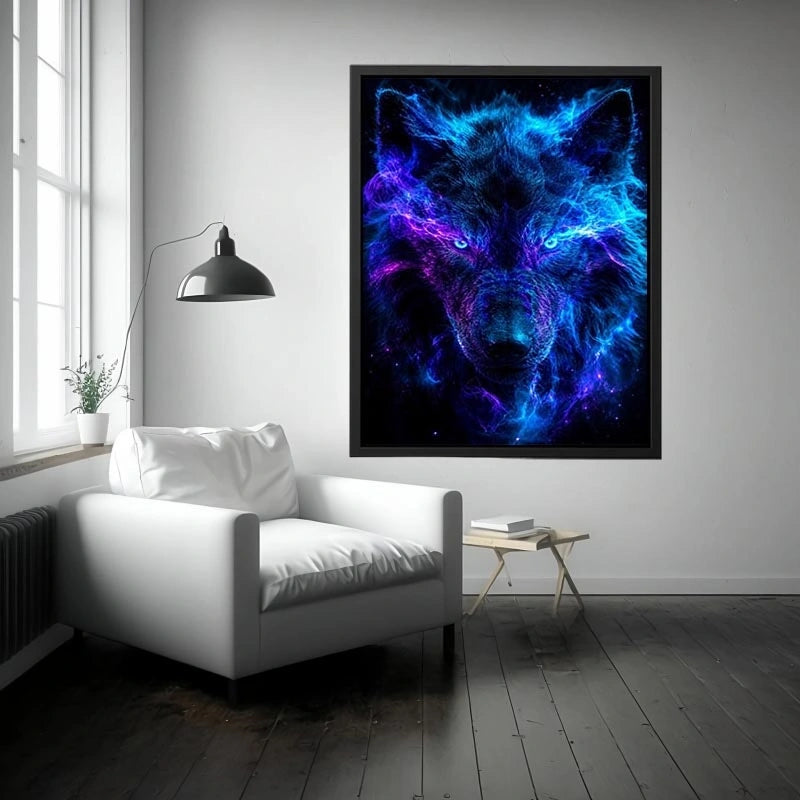 Mystic wolf emerging through blue and purple smoke neon canvas art for modern luxury wall decor