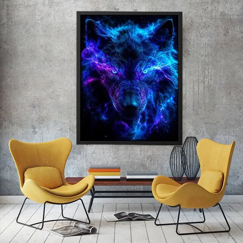 Mystic wolf emerging through blue and purple smoke neon canvas art for modern luxury wall decor