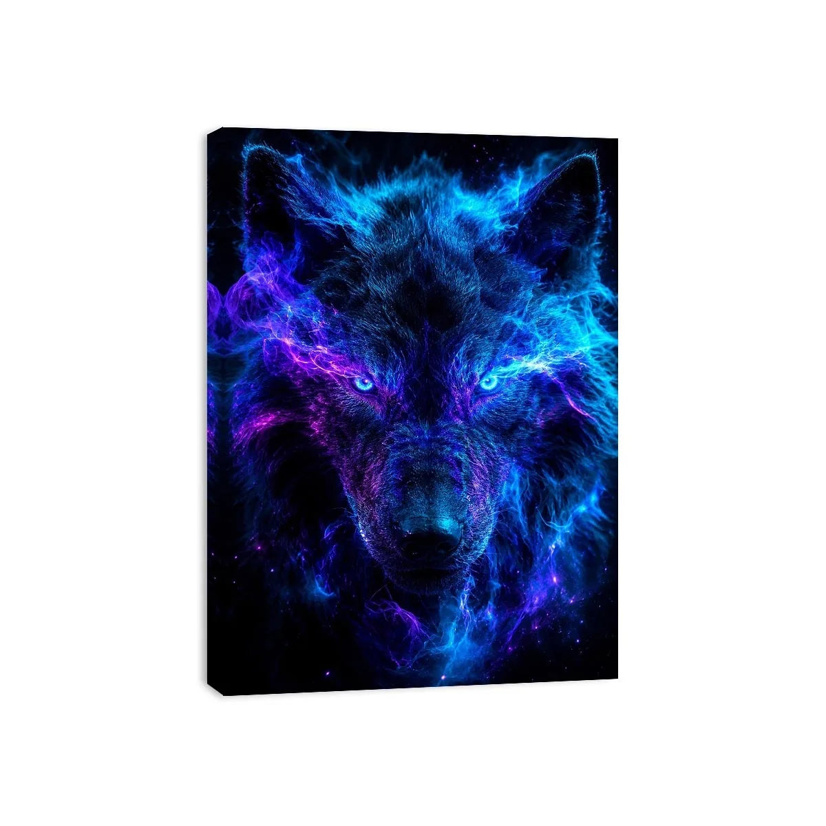 Mystic wolf emerging through blue and purple smoke neon canvas art for modern luxury wall decor