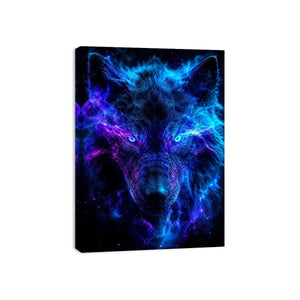 Mystic wolf emerging through blue and purple smoke neon canvas art for modern luxury wall decor