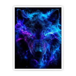 Mystic wolf emerging through blue and purple smoke neon canvas art for modern luxury wall decor