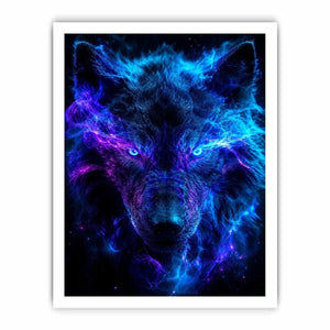 Mystic wolf emerging through blue and purple smoke neon canvas art for modern luxury wall decor
