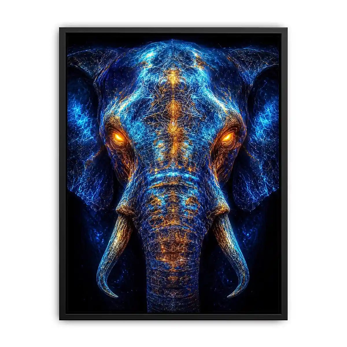 Electric elephant portrait with glowing golden energy neon canvas art for modern luxury wall decor