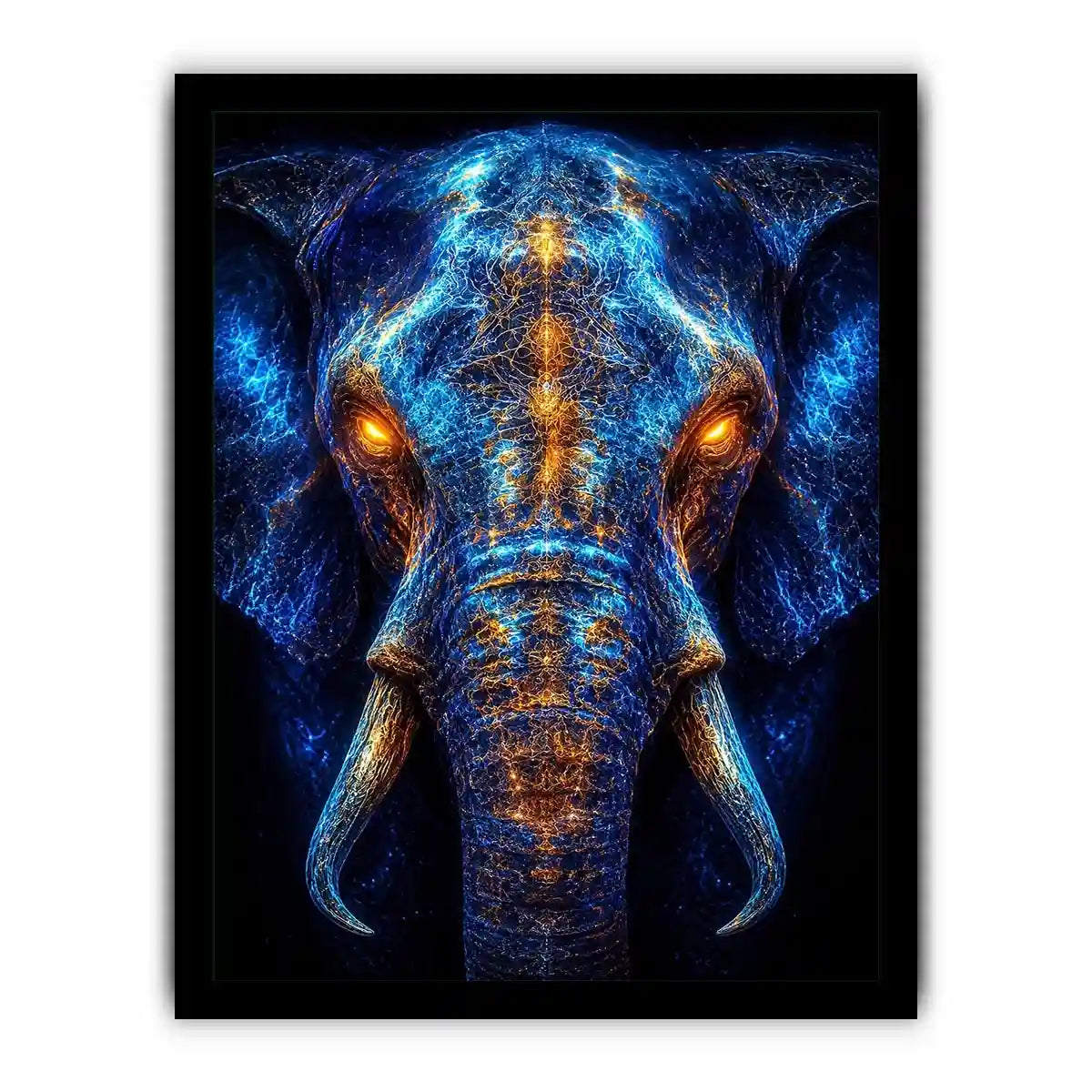 Electric elephant portrait with glowing golden energy neon canvas art for modern luxury wall decor