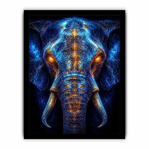 Electric elephant portrait with glowing golden energy neon canvas art for modern luxury wall decor