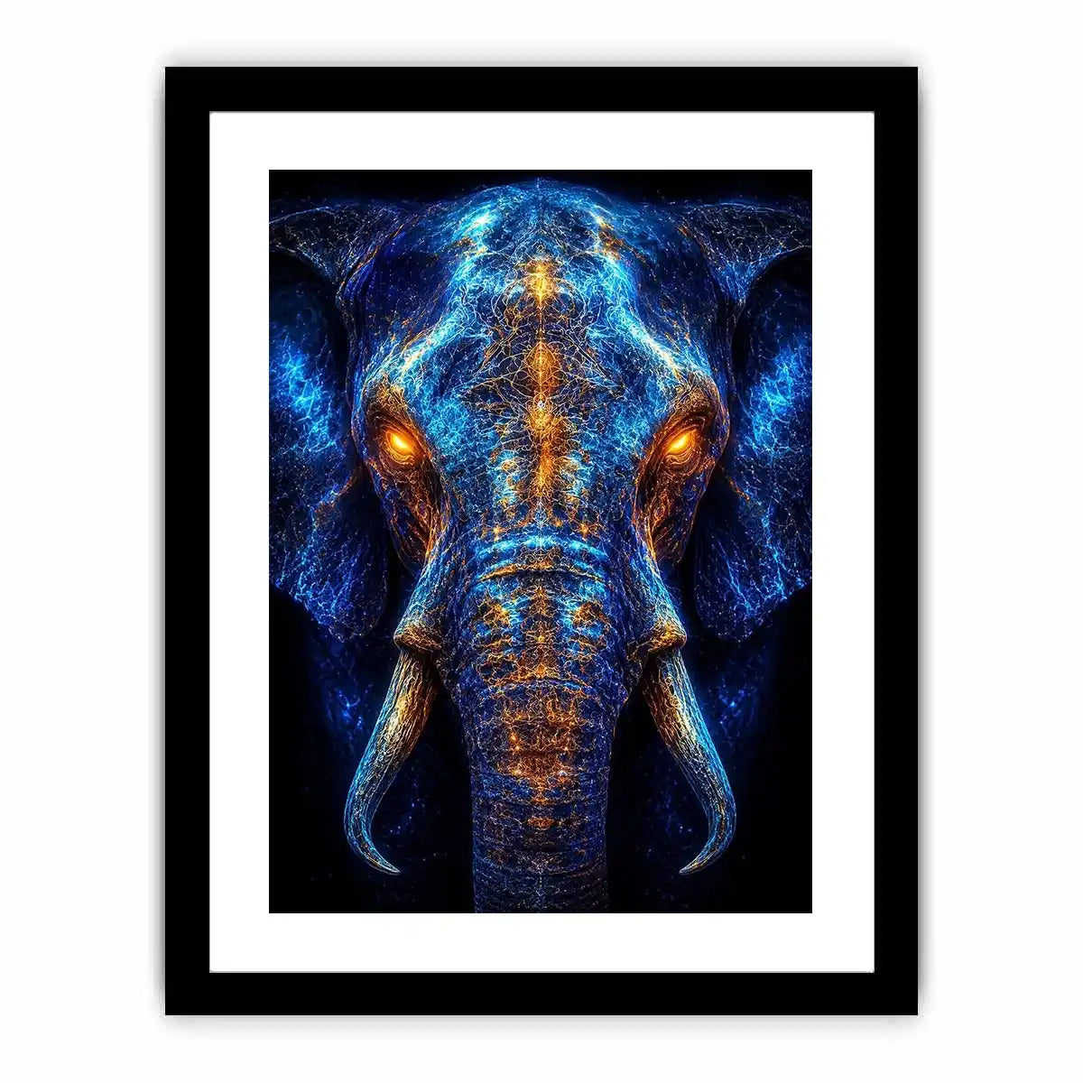 Electric elephant portrait with glowing golden energy neon canvas art for modern luxury wall decor