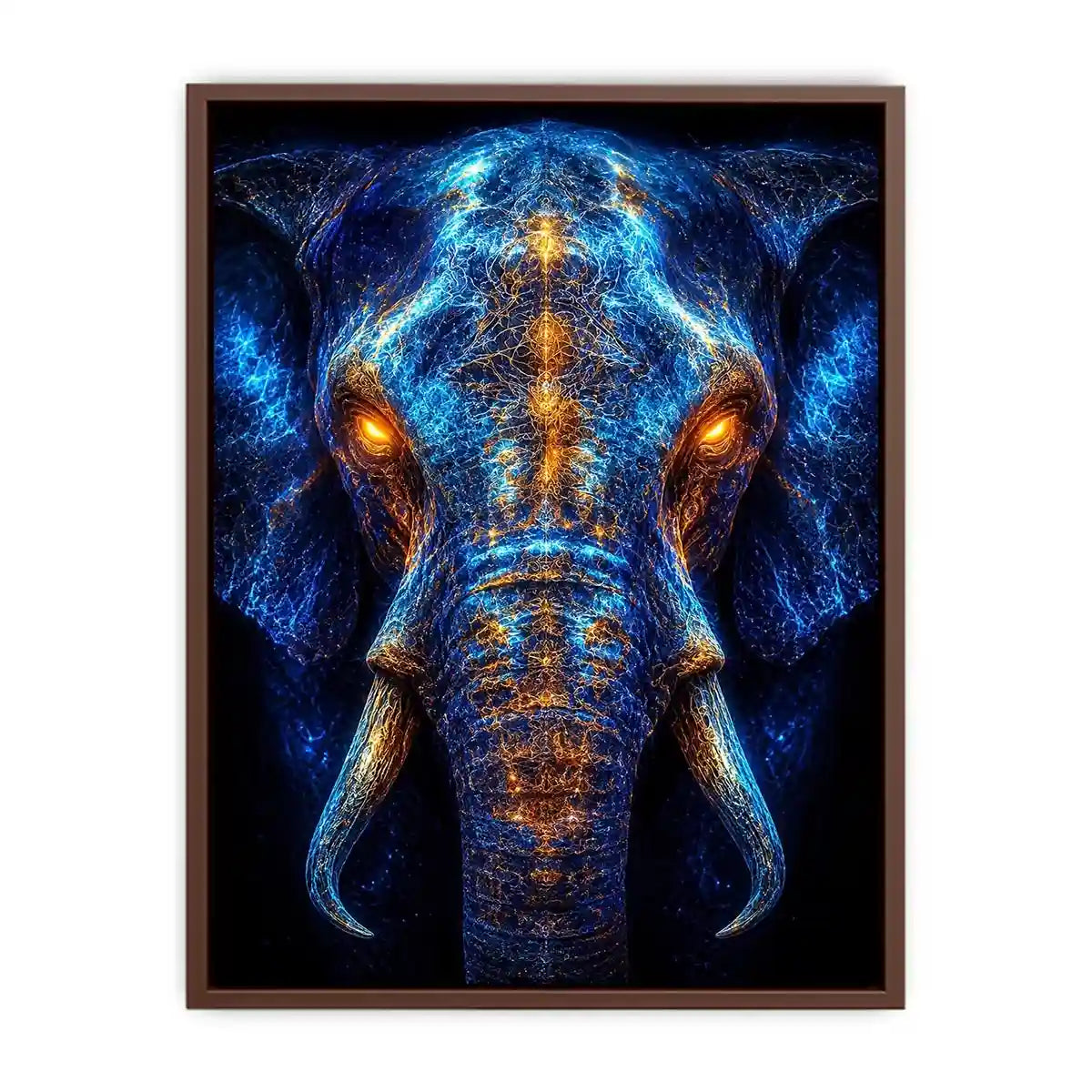 Electric elephant portrait with glowing golden energy neon canvas art for modern luxury wall decor