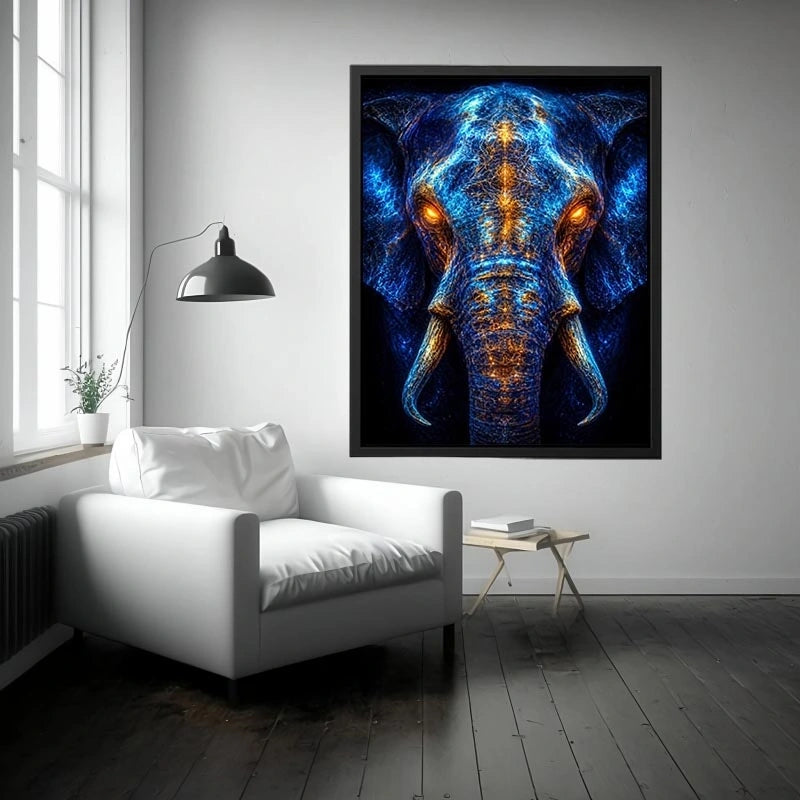 Electric elephant portrait with glowing golden energy neon canvas art for modern luxury wall decor