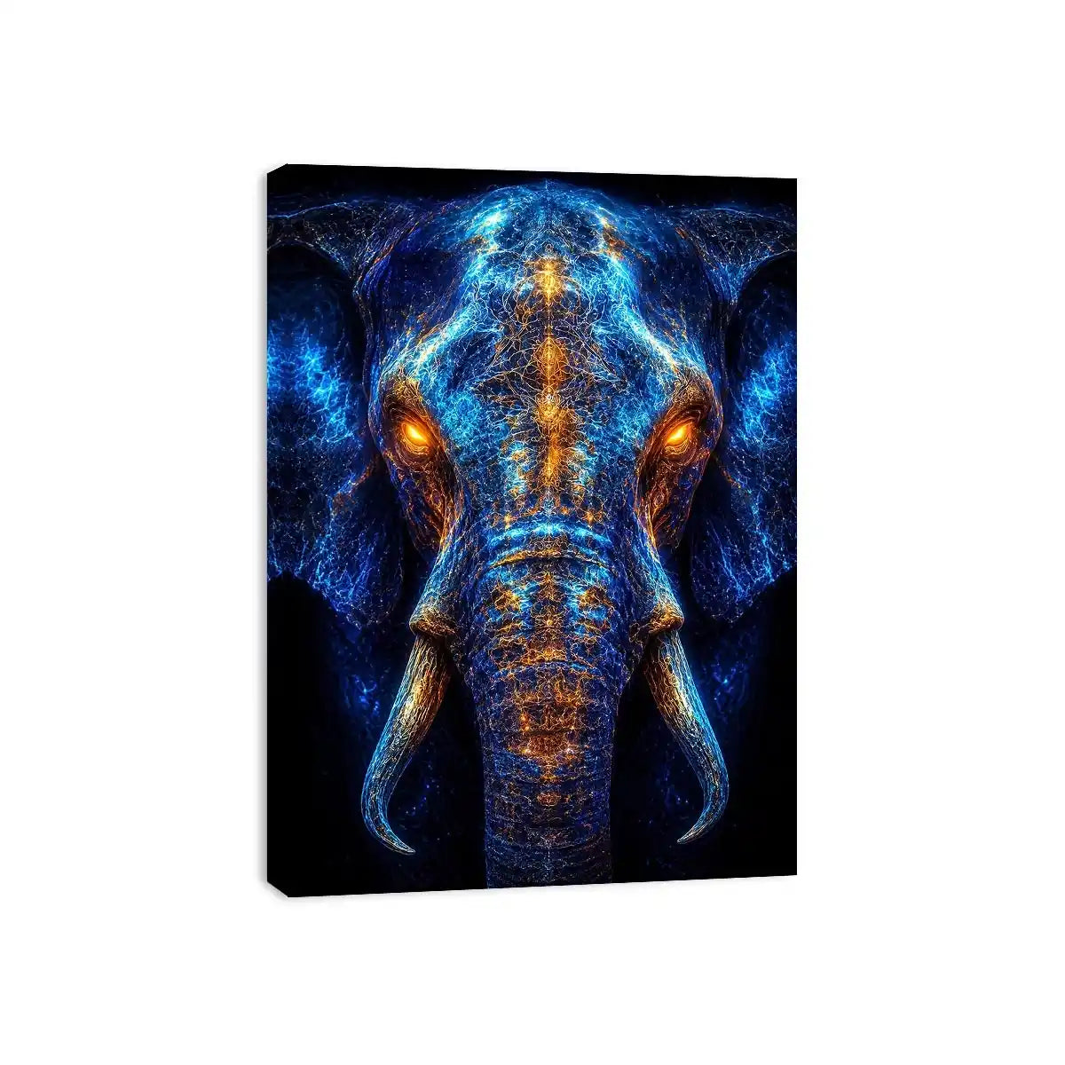 Electric elephant portrait with glowing golden energy neon canvas art for modern luxury wall decor
