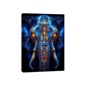 Electric elephant portrait with glowing golden energy neon canvas art for modern luxury wall decor