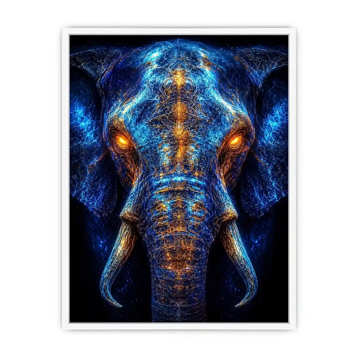 Electric elephant portrait with glowing golden energy neon canvas art for modern luxury wall decor