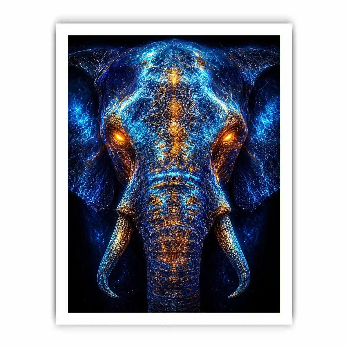 Electric elephant portrait with glowing golden energy neon canvas art for modern luxury wall decor