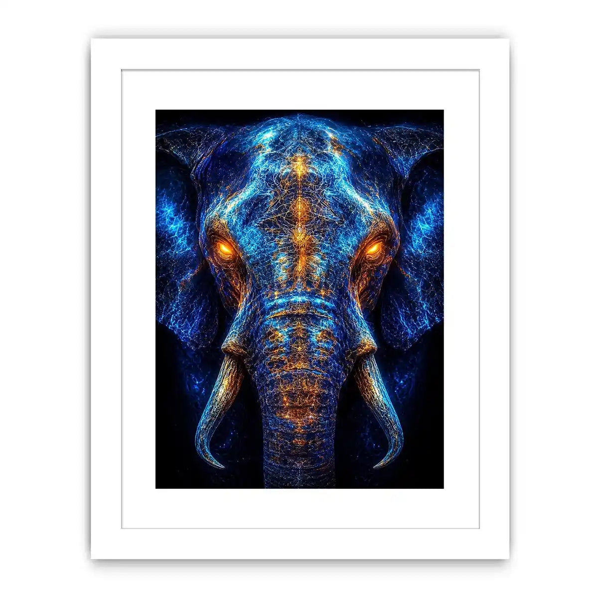Electric elephant portrait with glowing golden energy neon canvas art for modern luxury wall decor