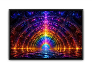 Rainbow futuristic tunnel with glowing architectural symmetry neon canvas art for modern luxury wall decor