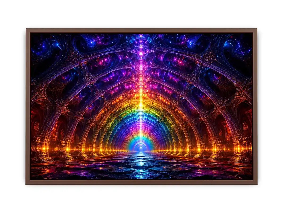 Rainbow futuristic tunnel with glowing architectural symmetry neon canvas art for modern luxury wall decor
