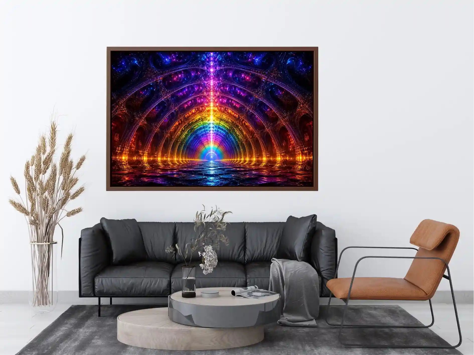 Rainbow futuristic tunnel with glowing architectural symmetry neon canvas art for modern luxury wall decor