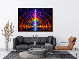 Rainbow futuristic tunnel with glowing architectural symmetry neon canvas art for modern luxury wall decor