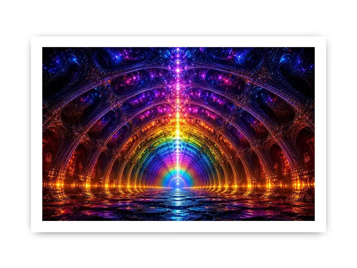 Rainbow futuristic tunnel with glowing architectural symmetry neon canvas art for modern luxury wall decor