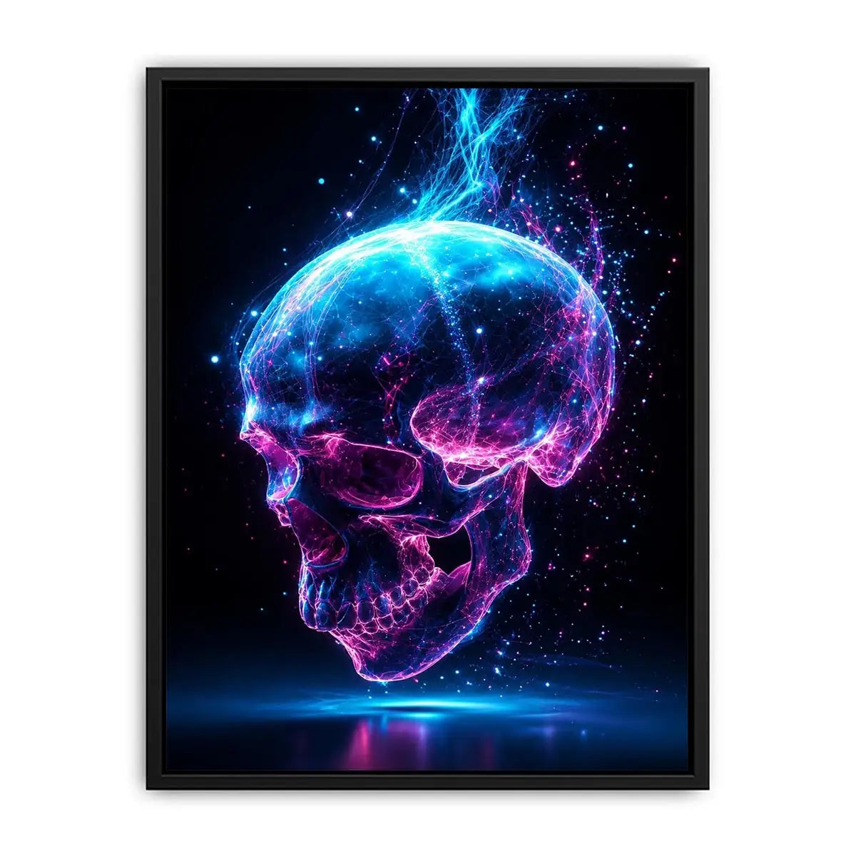Cyberpunk glowing skull with electric pink and blue energy neon canvas art for modern luxury wall decor