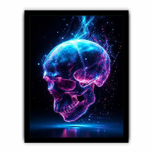 Cyberpunk glowing skull with electric pink and blue energy neon canvas art for modern luxury wall decor