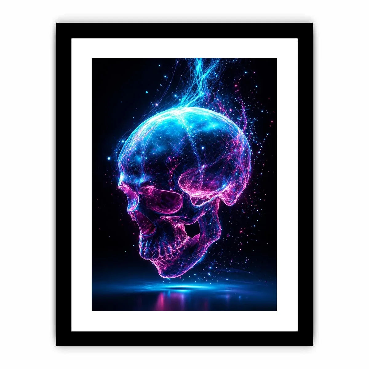 Cyberpunk glowing skull with electric pink and blue energy neon canvas art for modern luxury wall decor