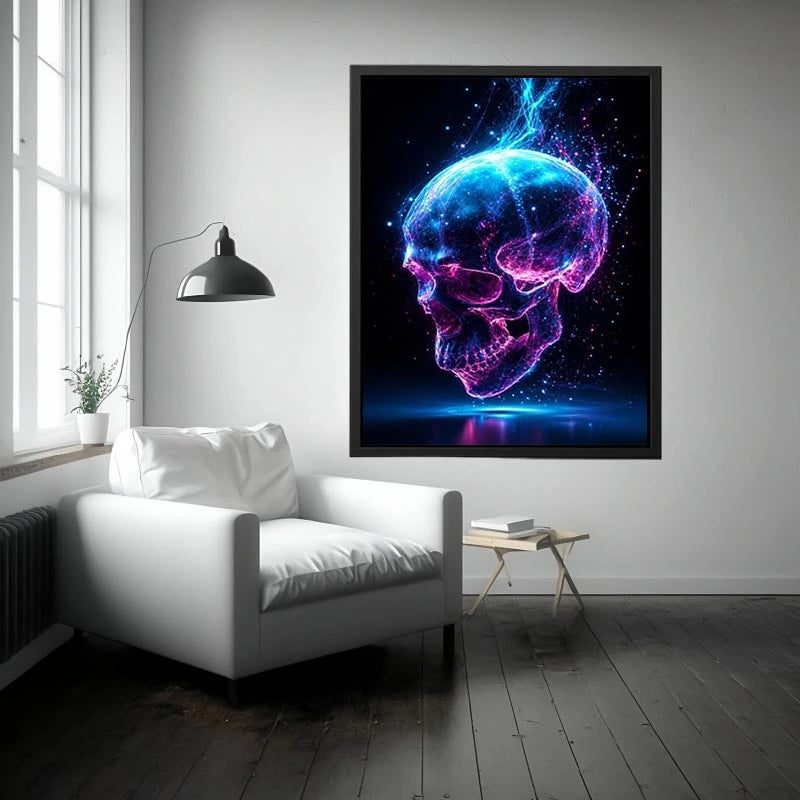 Cyberpunk glowing skull with electric pink and blue energy neon canvas art for modern luxury wall decor